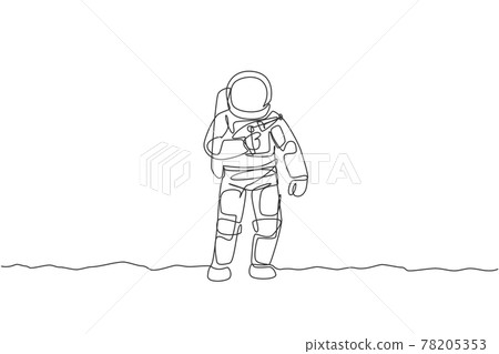 One single line drawing of young astronaut holding space laser gun, prepare to war in moon surface vector graphic illustration. Cosmonaut deep space concept. Modern continuous line draw design 78205353