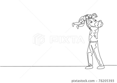 Single continuous line drawing young happy father raising his son up in the air playing together at home, fun fatherhood. Happy family concept. Trendy one line draw design vector illustration graphic Single continuous line drawing young happy father raising his son up in the air playing together at home, fun fatherhood. Happy family concept. Trendy one line draw design vector illustration graphic 78205393