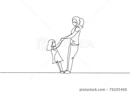 Single continuous line drawing of young mother and her daughter holding hands and dancing together at home. Happy family parenting concept. Trendy one line draw graphic design vector illustration Single continuous line drawing of young mother and her daughter holding hands and dancing together at home. Happy family parenting concept. Trendy one line draw graphic design vector illustration 78205408