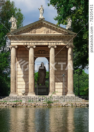 Boating in the picturesque landscape, Villa Borghese in Rome, and the "Lake Garden" with the Temple of Asclepius 78205431