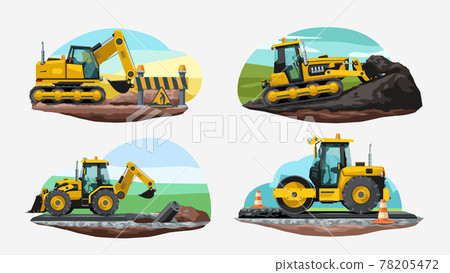 yellow construction vehicles at work in set 78205472