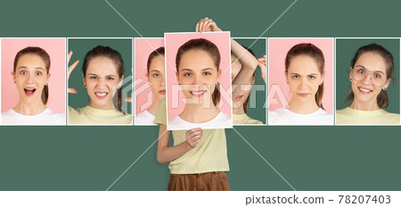 Portraits of young smiling girl with different emotions isolated on green background. Concept of facial expressions. Collage Portraits of young smiling girl with different emotions isolated on green background. Concept of facial expressions. Collage 78207403