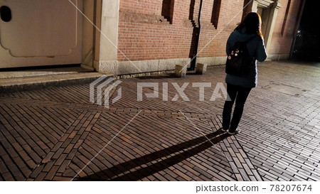 Back view of a woman in the back alley at night 78207674