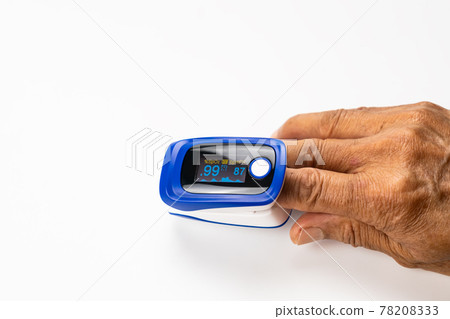 High angle view of doctor using pulse oximeter measured blood value of pulse rate and value of oxygen saturation at the finger tip of senior patient on white background. High angle view of doctor using pulse oximeter measured blood value of pulse rate and value of oxygen saturation at the finger tip of senior patient on white background. 78208333