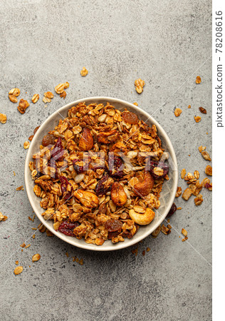 Healthy homemade breakfast granola in bowl top view Healthy homemade breakfast granola in bowl top view 78208616