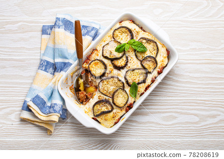 Greek baked dish Moussaka from above Greek baked dish Moussaka from above 78208619