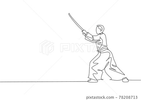 Single continuous line drawing of young sportive man wearing kimono practice aikido with wooden sword fighting technique. Japanese martial art concept. Trendy one line draw design vector illustration 78208713
