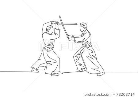 Single continuous line drawing of two sportive men wearing kimono practice aikido sparring fight technique with wooden sword. Japanese martial art concept. One line draw design vector illustration 78208714