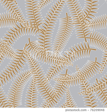 Tropical fern leaves white outline drawing seamless pattern. Gray background. 78209048