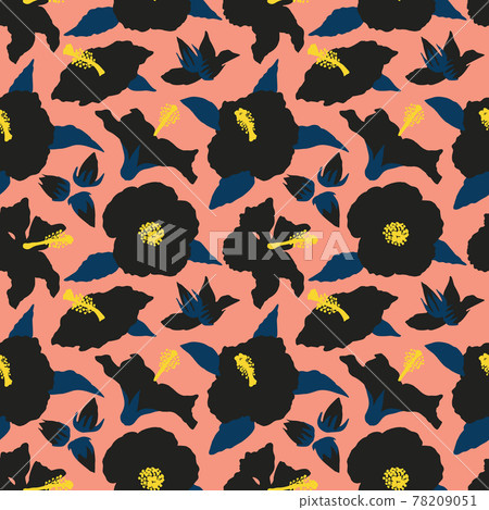 Seamless pattern with modern minimalist black hibiscus flowers, buds and leaves. On pink background Seamless pattern with modern minimalist black hibiscus flowers, buds and leaves. On pink background 78209051