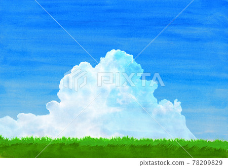 在綠色草甸的藍天和夏天雲彩水彩 78209829