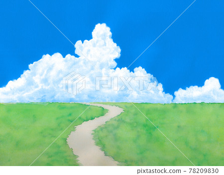 在綠色草甸的藍天和夏天雲彩水彩 78209830