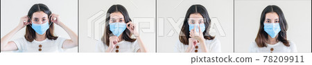young  beautiful asian woman showing how to wear a medical mask or  showing how to correctly wear hygiene surgical mask step by step on white background 78209911