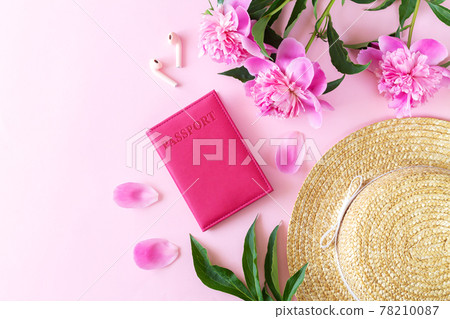 Summer travel holiday background with passport hat earphone and flowers 78210087