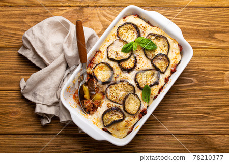 Greek baked dish Moussaka from above Greek baked dish Moussaka from above 78210377