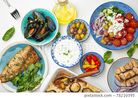 Assorted traditional Greek dishes from above Assorted traditional Greek dishes from above 78210395