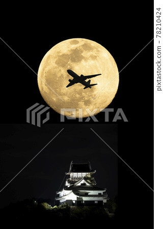 城堡、滿月和飛機的剪影 78210424