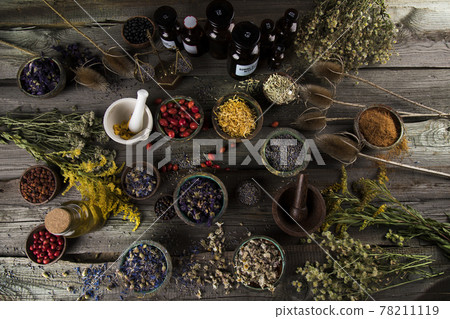 Natural remedy, mortar and herbs 78211119