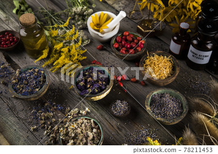 Natural remedy, healing herbs background Natural remedy, healing herbs background 78211453