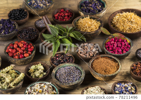 Natural remedy and wooden table background Natural remedy and wooden table background 78211496