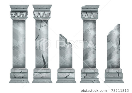 Marble ancient pillar set, isolated vector roman stone column ruin, temple architecture element.  78211813