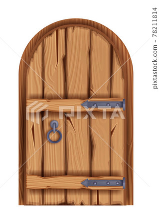 Old wooden castle door, vector ancient medieval arch house entrance, dungeon gate, iron handle. Old wooden castle door, vector ancient medieval arch house entrance, dungeon gate, iron handle. 78211814