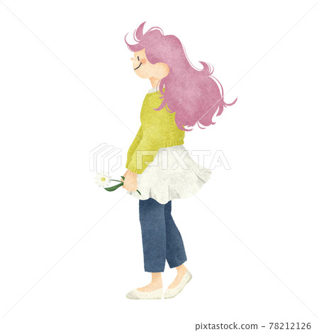 Sideways female hand-drawn illustration with long hair with flowers Sideways female hand-drawn illustration with long hair with flowers 78212126
