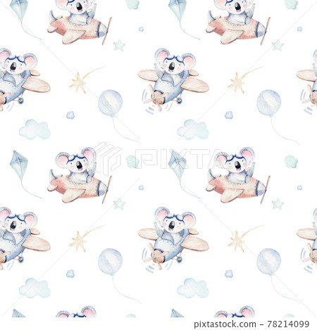 Watercolor airplane kid seamless pattern. Watercolor toy background baby cartoon cute pilot giraffe, elephant with koala, bear and bird aviation sky transport airplanes, clouds. Watercolor airplane kid seamless pattern. Watercolor toy background baby cartoon cute pilot giraffe, elephant with koala, bear and bird aviation sky transport airplanes, clouds. 78214099