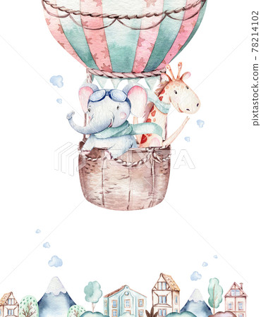 Watercolor balloon set baby cartoon cute pilot aviation illustration. sky transport balloons with giraffe and elephant, koala, bear and bird, clouds. childish baby boy shower illustration 78214102