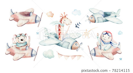 Watercolor set baby cartoon cute pilot giraffe, elephant with koala, bear and bird aviation sky transport complete with airplanes balloons, clouds. childish Boy pattern. baby shower illustration 78214115