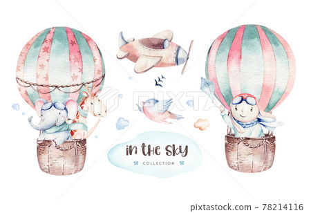 Watercolor balloon set baby cartoon cute pilot aviation illustration. sky transport balloons with giraffe and elephant, koala, bear and bird, clouds. childish baby boy shower illustration Watercolor balloon set baby cartoon cute pilot aviation illustration. sky transport balloons with giraffe and elephant, koala, bear and bird, clouds. childish baby boy shower illustration 78214116