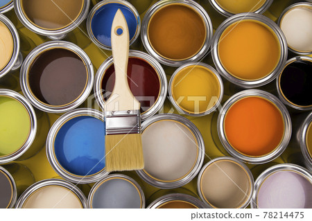 Open paint cans with a brush, Rainbow colors Open paint cans with a brush, Rainbow colors 78214475
