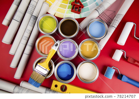 Paint can and paintbrush, Rainbow colors 78214707