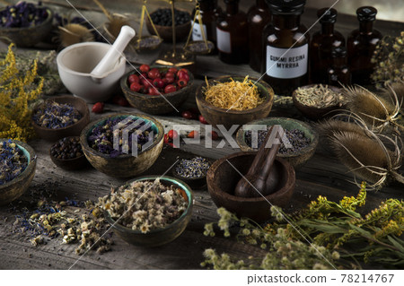 Natural remedy,Herbal medicine and wooden table background Natural remedy,Herbal medicine and wooden table background 78214767