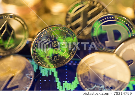 Bitcoin, litecoin, etherium coins close up, Virtual money background 78214799