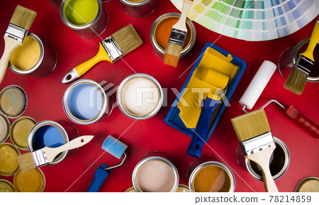 Colorful paint cans with paintbrush 78214859