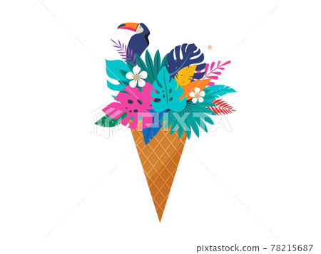 Summer scene with ice cream cone filled with jungle exotic leaves and toucan. Hello summer concept 78215687