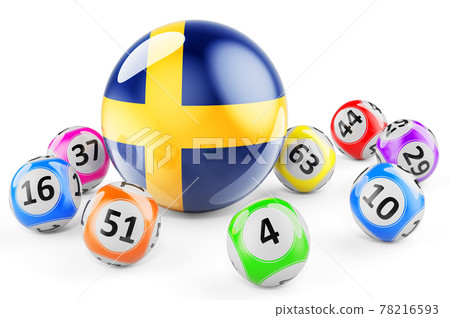 Lotto balls with Swedish flag. Lottery in Sweden concept, 3D rendering 78216593