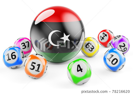 Lotto balls with Libyan flag. Lottery in Libya concept, 3D rendering Lotto balls with Libyan flag. Lottery in Libya concept, 3D rendering 78216620
