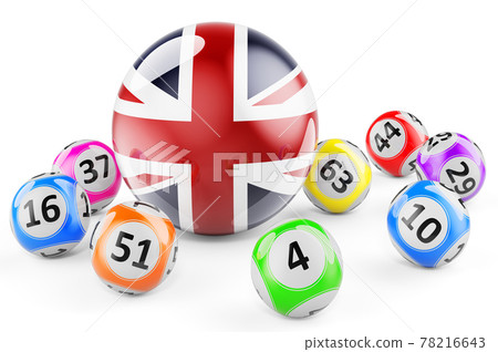 Lotto balls with British flag. Lottery in the Great Britain concept, 3D rendering Lotto balls with British flag. Lottery in the Great Britain concept, 3D rendering 78216643
