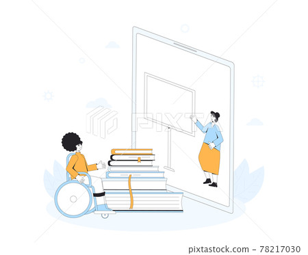 Online education. Wheelchair girl have an online class. Digital learning on tablet or smartphone screen. Internet webinar or online video training, course. Vector illustration. Online education. Wheelchair girl have an online class. Digital learning on tablet or smartphone screen. Internet webinar or online video training, course. Vector illustration. 78217030