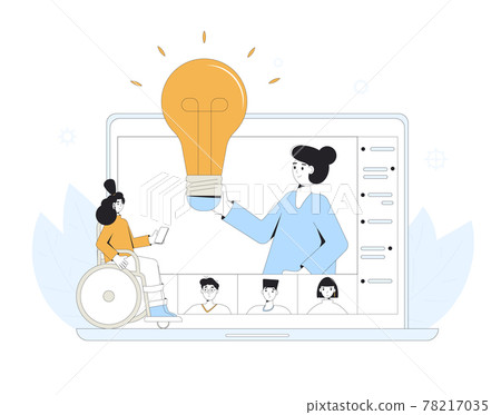 Home schooling. Online group diverse education for teenagers. Digital inclusion learning. Young student in wheelchair in virtual classroom have a lesson. Video course. Vector concept illustration. Home schooling. Online group diverse education for teenagers. Digital inclusion learning. Young student in wheelchair in virtual classroom have a lesson. Video course. Vector concept illustration. 78217035