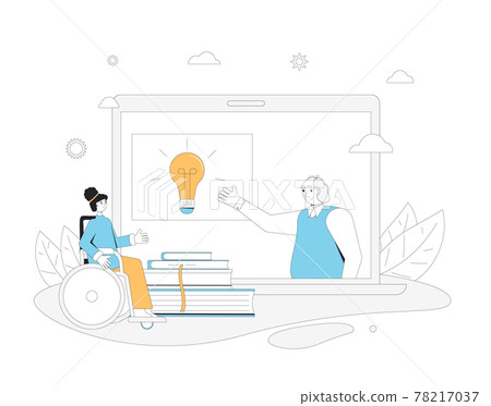 Online education. Wheelchair girl have an online class. Digital learning on computer screen. Internet webinar or online video training, course. Vector illustration. Online education. Wheelchair girl have an online class. Digital learning on computer screen. Internet webinar or online video training, course. Vector illustration. 78217037