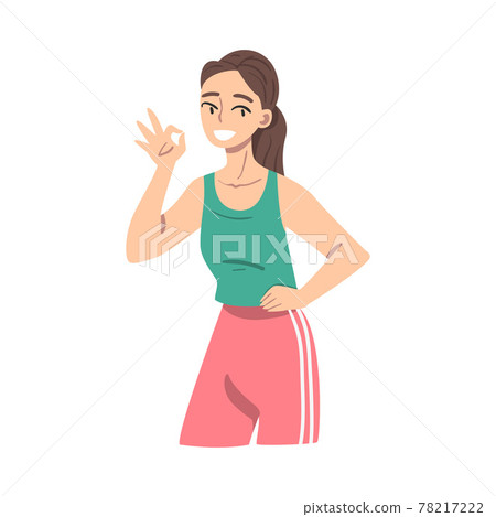 Smiling Female Showing OK Gesture as Approval or Agreement Sign Vector Illustration Smiling Female Showing OK Gesture as Approval or Agreement Sign Vector Illustration 78217222