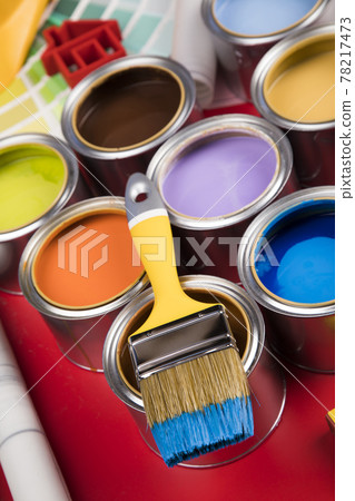 Metal tin cans with color paint and paintbrush Metal tin cans with color paint and paintbrush 78217473