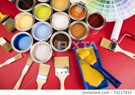 Colorful paint cans with paintbrush 78217842
