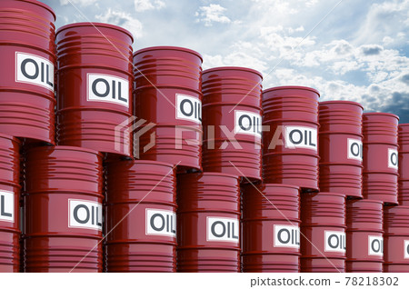 Pile of red oil barrels against blue sky, 3d rendering Pile of red oil barrels against blue sky, 3d rendering 78218302