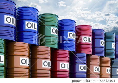Heap of oil barrels against blue sky, 3d rendering Heap of oil barrels against blue sky, 3d rendering 78218303