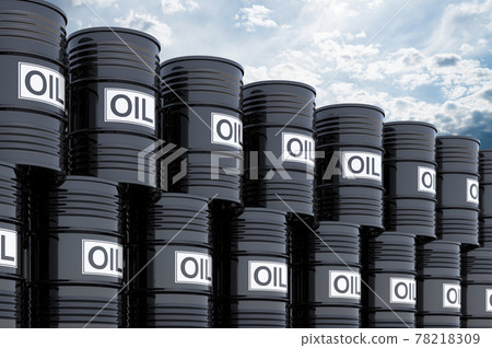 Stack of black oil barrels against blue sky, 3d rendering Stack of black oil barrels against blue sky, 3d rendering 78218309