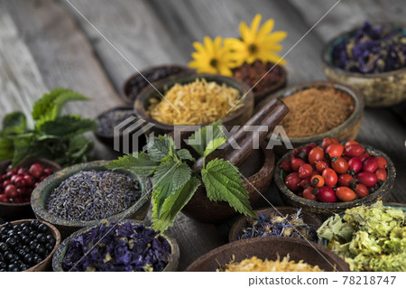 Fresh medicinal herbs on wooden background Fresh medicinal herbs on wooden background 78218747